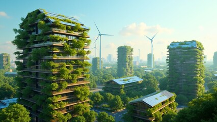 Obraz premium Futuristic Green Tech City with Solar Panels, Wind Turbines, and Vertical Gardens 