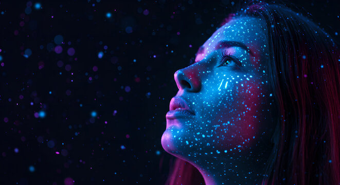 Woman with digital display on face looking up. Holographic screen projection on skin. Future technology for beauty, metaverse and innovative cyber applications. - Powered by Adobe