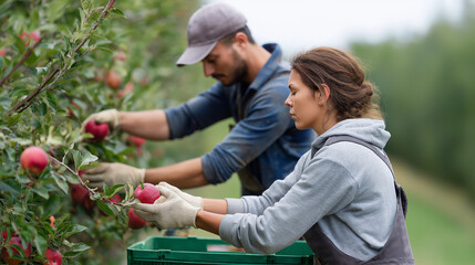 Farmworkers Harvesting Ripe Fruits in a Vibrant Orchard