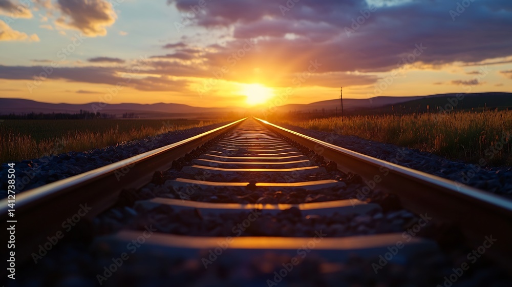 Poster captivating sunset over rail tracks symbolizing journey hope and possibilities : generative ai