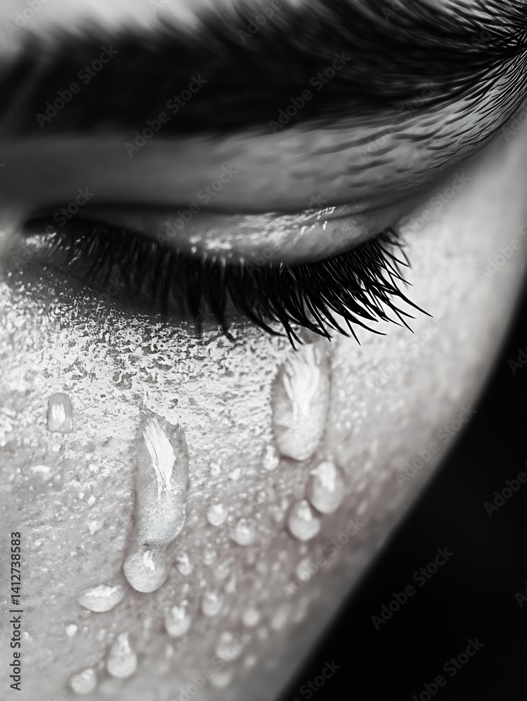 Poster emotional close up of a tear streaked face showing vulnerability and sadness in black and white : ge