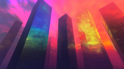 Obraz premium Colorful Skyscrapers at Sunset in a Futuristic City