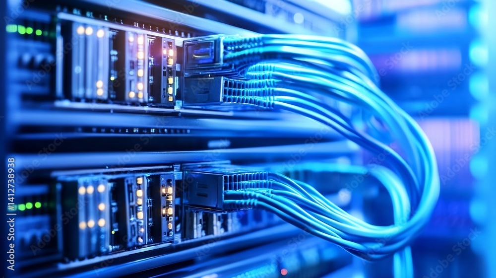 Poster high tech data center with blue glowing cables connected to servers for fast internet : generative a