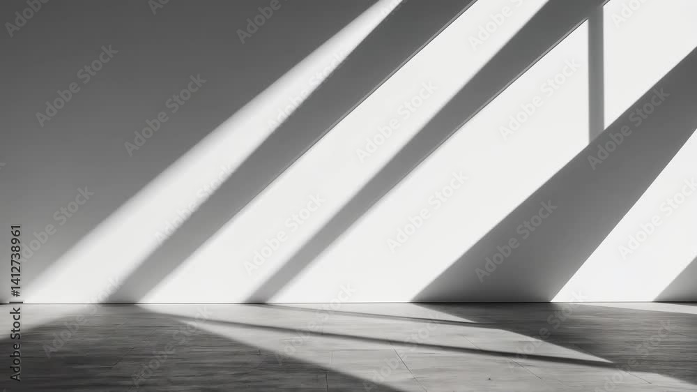 Aufkleber Natural light streaming through expansive window casting dynamic geometric shadows across pristine white wall and gray floor within minimalist, serene interior space