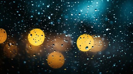 Fototapeta premium Rainy night city lights bokeh, window view, dark mood, travel background