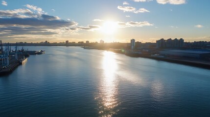 Naklejka premium Stunning aerial view of a city skyline reflecting on a serene bay during sunset : Generative AI