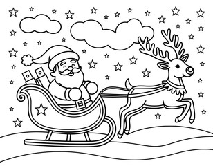 A simple, charming black and white coloring page features Santa Claus seated in his sleigh, being pulled by a reindeer