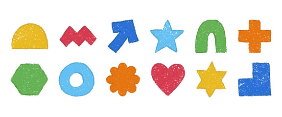 Set of colorful geometric figures in hand drawn sketch style. Chalk pencil or crayon textured shapes with strokes. Vector illustration isolated on a white background