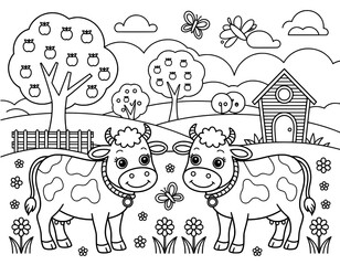 A black and white coloring page featuring two adorable cartoon cows in a peaceful farm scene