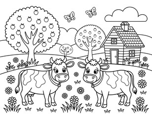 Black and white coloring page featuring two adorable cartoon cows in a peaceful farm setting