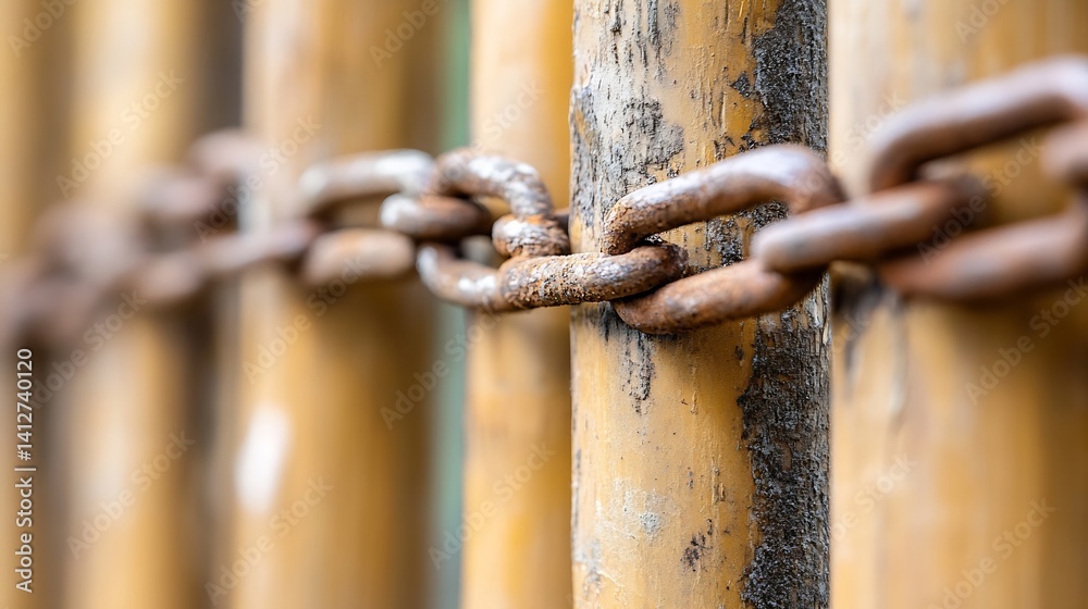 Aufkleber Rusty Chain Links Intertwined with Weathered Bamboo Structure Detailing for Nature and Industrial Themes : Generative AI