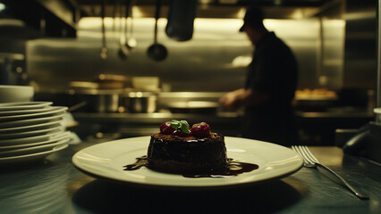 Obraz premium Decadent Chocolate Molten Cake A Dark Moody Culinary Scene
