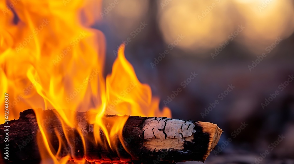 Poster close-up view of a colorful bonfire with flames glowing against a blurred warm background during twi