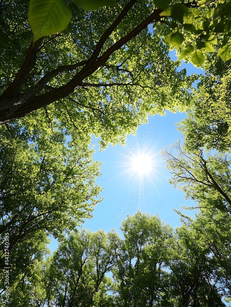 Poster Sunlight filtering through dense green tree canopy creating a serene and tranquil atmosphere in nature : Generative AI