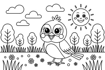 A black and white coloring page featuring a cheerful cartoon bird amidst a simple, spring-like landscape