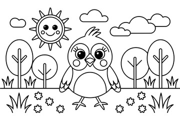 A black and white coloring page featuring a cheerful cartoon bird in a sunny, simple woodland scene