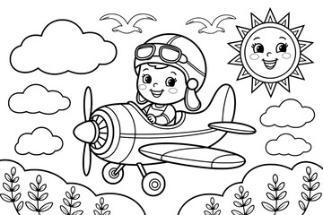 A black and white coloring page featuring a happy child pilot in a vintage airplane against a backdrop of clouds, a sun, and simple landscape elements