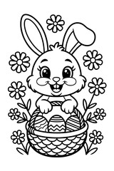 A charming black and white illustration of a happy, cartoon Easter bunny holding a basket full of decorated eggs
