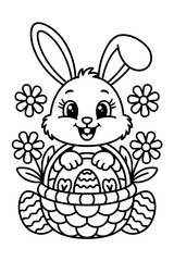 A charming black and white illustration of a happy cartoon bunny holding an Easter basket filled with an egg