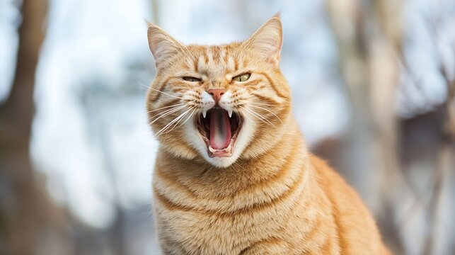 Majestic orange cat yawning against a soft blurred background showcasing its playful demeanor : Generative AI