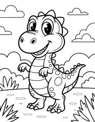A cheerful, cartoonish, black and white illustration of a small dinosaur, perfect for coloring books or educational materials © Mahfuz