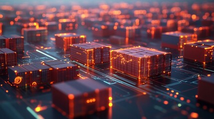 Obraz premium Abstract Digital Cityscape with Glowing Orange Cubes