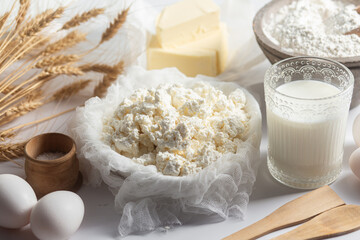 Baking Ingredients: Cottage Cheese, Flour, Milk, Eggs and Butter
