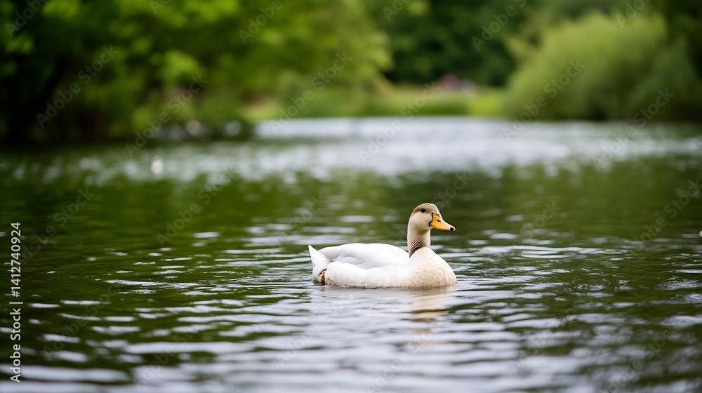 Poster duck floating on a green lake surrounded by lush vegetation : generative ai