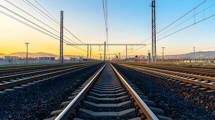 Fototapeta premium Train Tracks Perspective At Sunrise