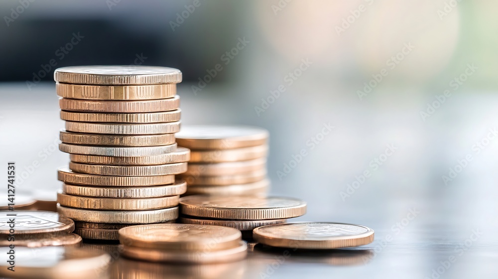 Leinwandbilder Stack of Shiny Coins on a Table with a Blurred Background : Generative AI