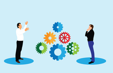Two Business People Exploring Gear Cogwheels Mechanism. Company CEO work and fixing errors vector art