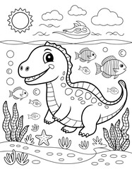 Adorable cartoon dinosaur in an underwater setting, surrounded by fish, seaweed, and bubbles © Mahfuz