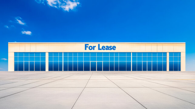Empty commercial building with for lease sign and blue sky