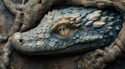 Fototapeta premium Closeup of a Reptile's Eye Amidst Rocks