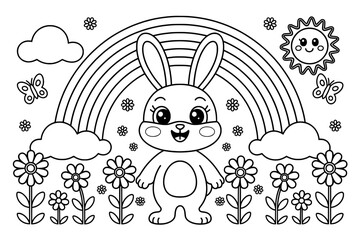 A cheerful, cartoon bunny stands amidst flowers and a vibrant rainbow