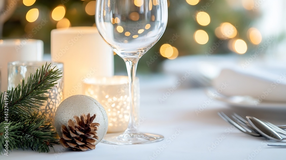 Poster elegant holiday table setting with sparkling glassware and warm lights : generative ai