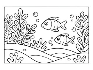 Coloring book page for adults. Underwater seabed with algae and corals, line art design, and fish