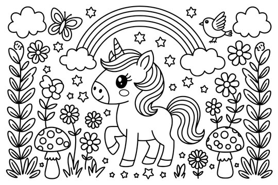 A whimsical and charming black and white coloring page featuring a cute unicorn under a rainbow, surrounded by flowers, clouds, stars, and mushrooms