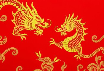 Rich red fabric with golden dragon embroidery, texture, fabric texture