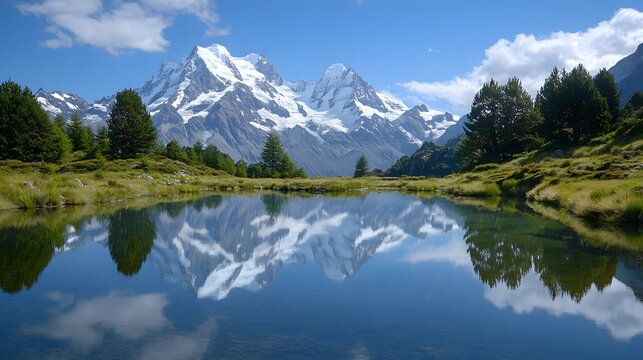 owering snow-capped mountains reflected in a crystal-clear alpine lake