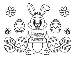 Obraz premium A cheerful black and white illustration of a cartoon Easter bunny holding a sign that says 