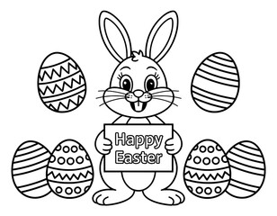 A cheerful black and white illustration of a cartoon Easter bunny holding a sign that says "Happy Easter"