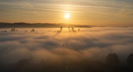 Sunrise Over Foggy Valley - Golden sunrise casts rays through morning fog, illuminating trees in a serene valley landscape. Peaceful, ethereal atmosphere