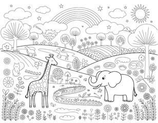 A whimsical and charming black and white coloring page featuring a giraffe and an elephant in a pastoral landscape