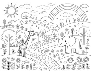 Fototapeta premium A charming black and white coloring page featuring a giraffe and elephant in a whimsical, rolling hills landscape