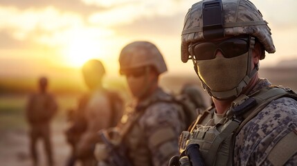 Candid portrait of soldiers in military gear during sunset showcasing bravery and teamwork : Generative AI