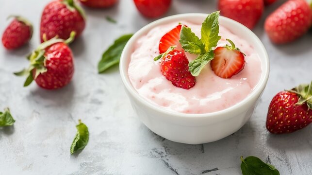 Delicious creamy strawberry yogurt topped with fresh strawberries and mint leaves on a rustic background : Generative AI