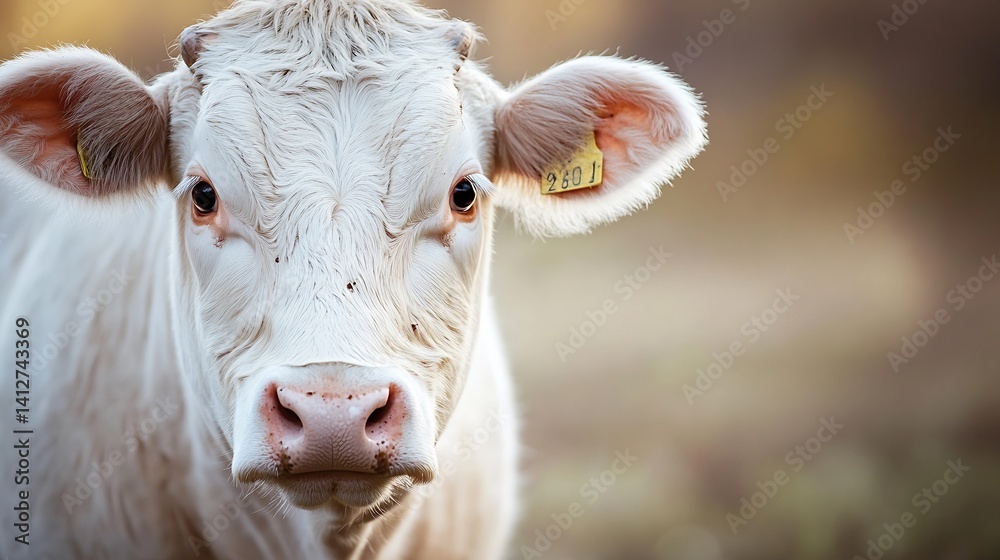 Poster Close Up of a White Cow with a Curious Expression on Its Face : Generative AI