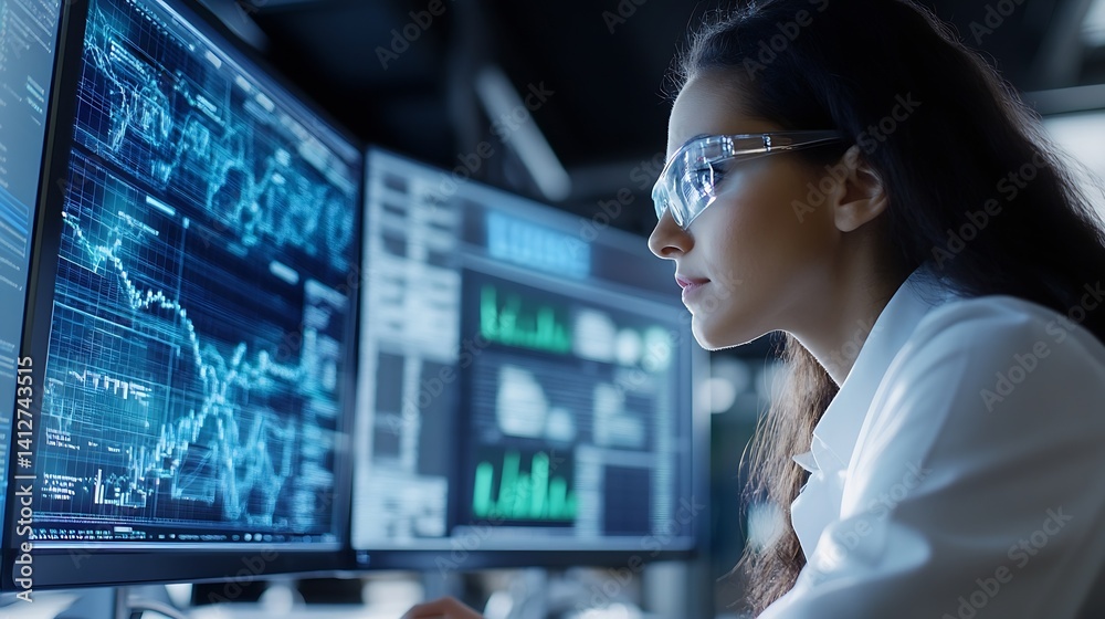 Aufkleber Focused Female Analyst Reviewing Complex Financial Data on Two Computer Monitors in Futures Market : Generative AI