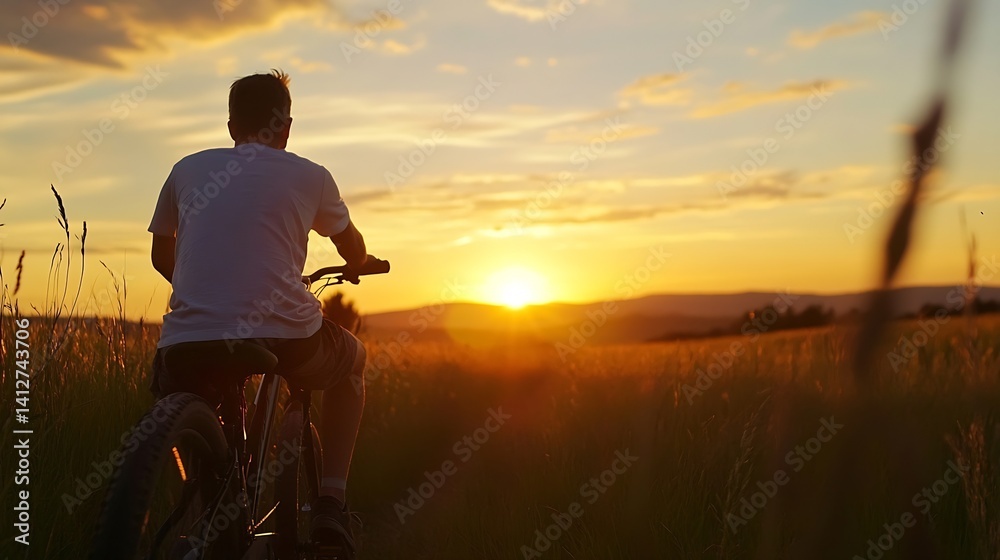 Poster cyclist enjoying sunset ride in scenic open field : generative ai